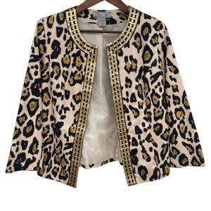 Vintage Birch Hill Leopard Print Open Front Blazer Gold Trim Jacket Size Small